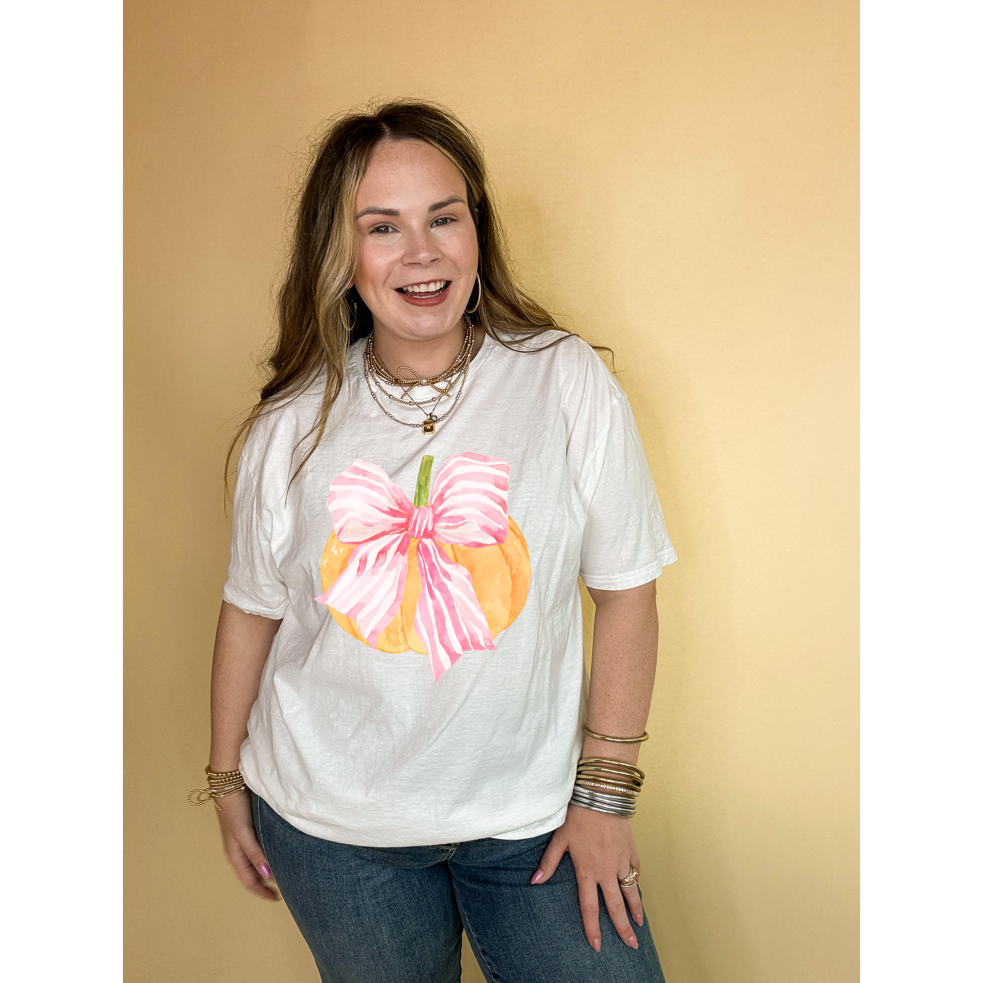 Online Exclusive |  Bow-tastic Orange Pumpkin with Giant Pink Bow Graphic Tee in Multiple Color Options