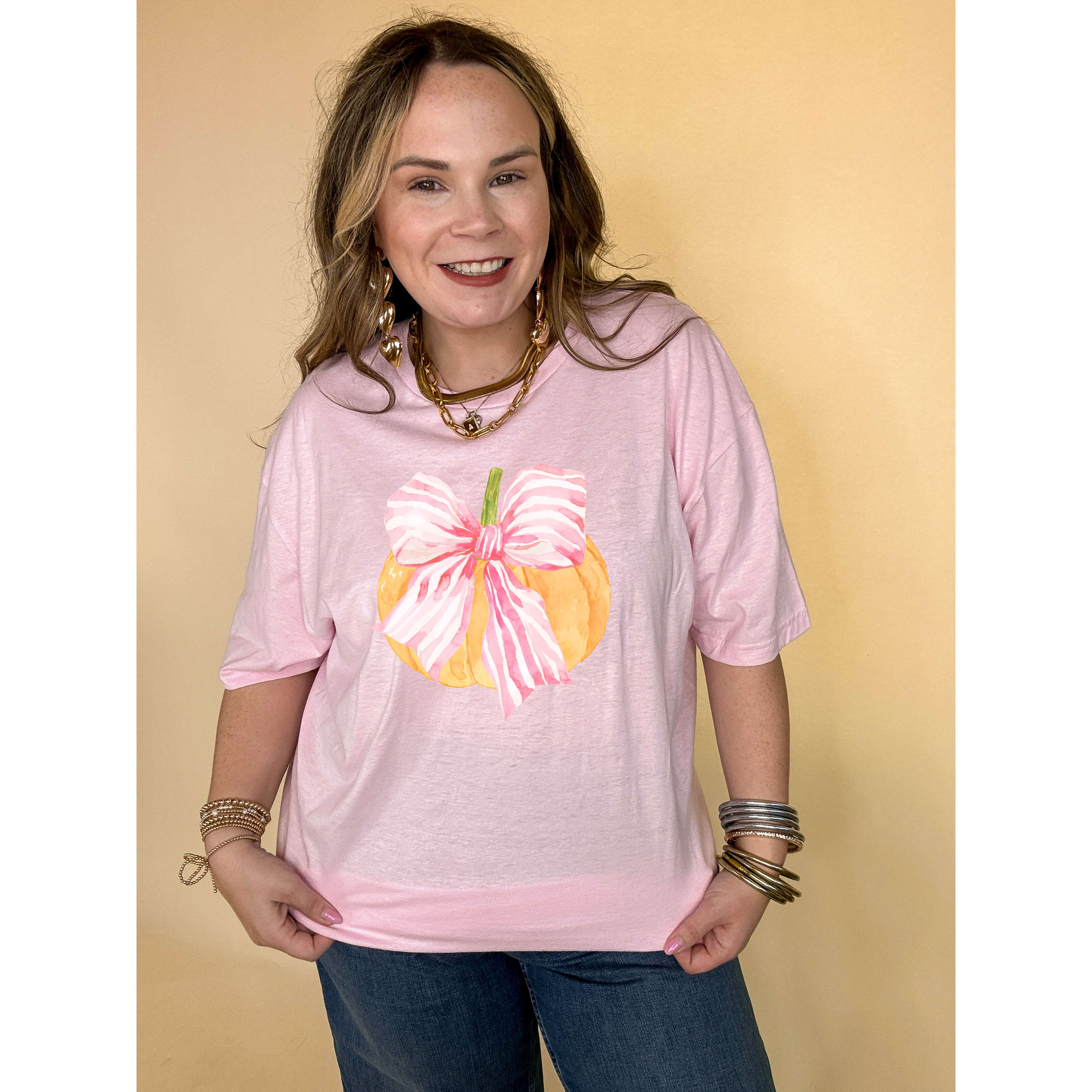 Online Exclusive |  Bow-tastic Orange Pumpkin with Giant Pink Bow Graphic Tee in Multiple Color Options