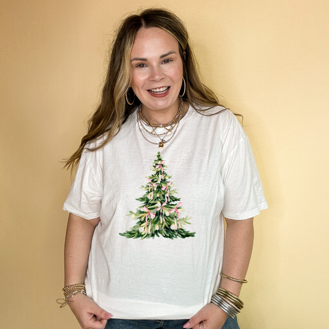 Online Exclusive | Coquette Light Pink Bow Christmas Tree Graphic Tee in Multiple Color Option