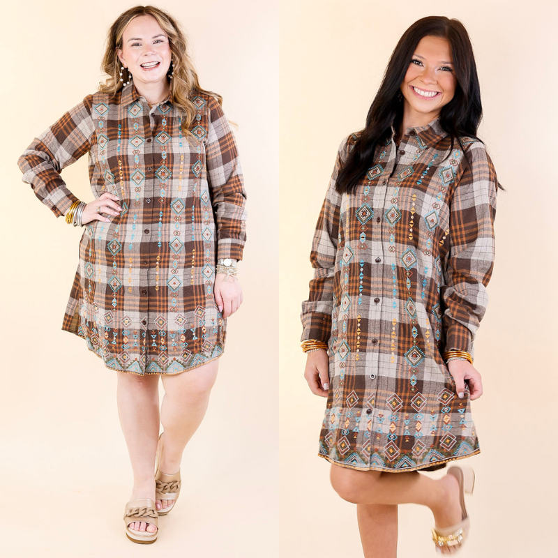 Loving In Layers Tribal Embroidered Plaid Button Up Dress in Brown Mix