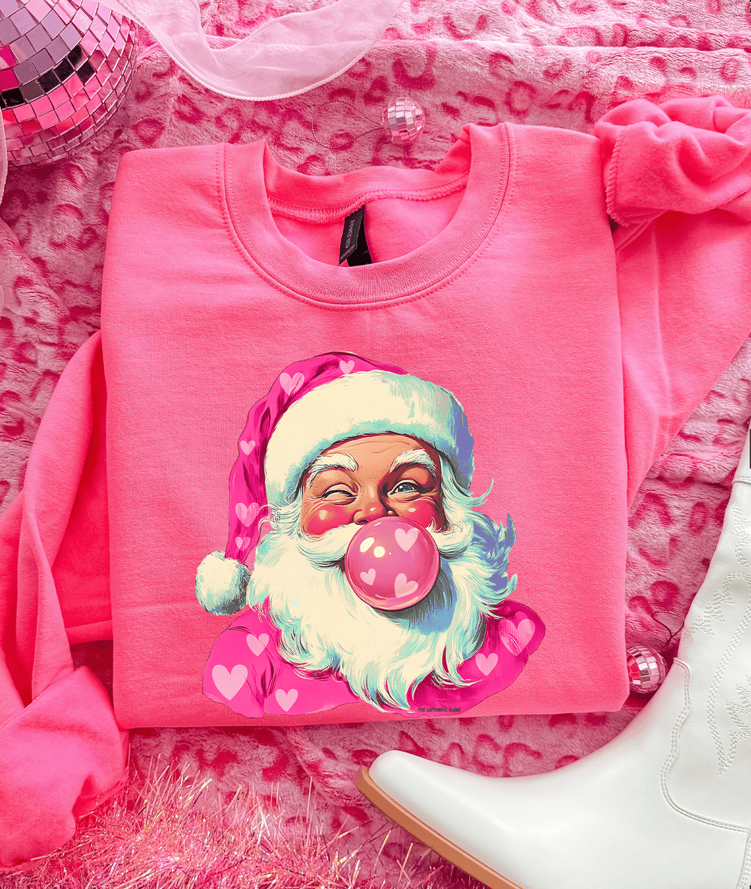 Made to Order | Bubblegum Heart Santa Graphic Sweatshirt in Neon Pink