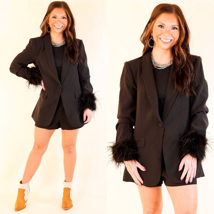 BuddyLove | Elle Feather Trim Blazer in Obsidian (Black)