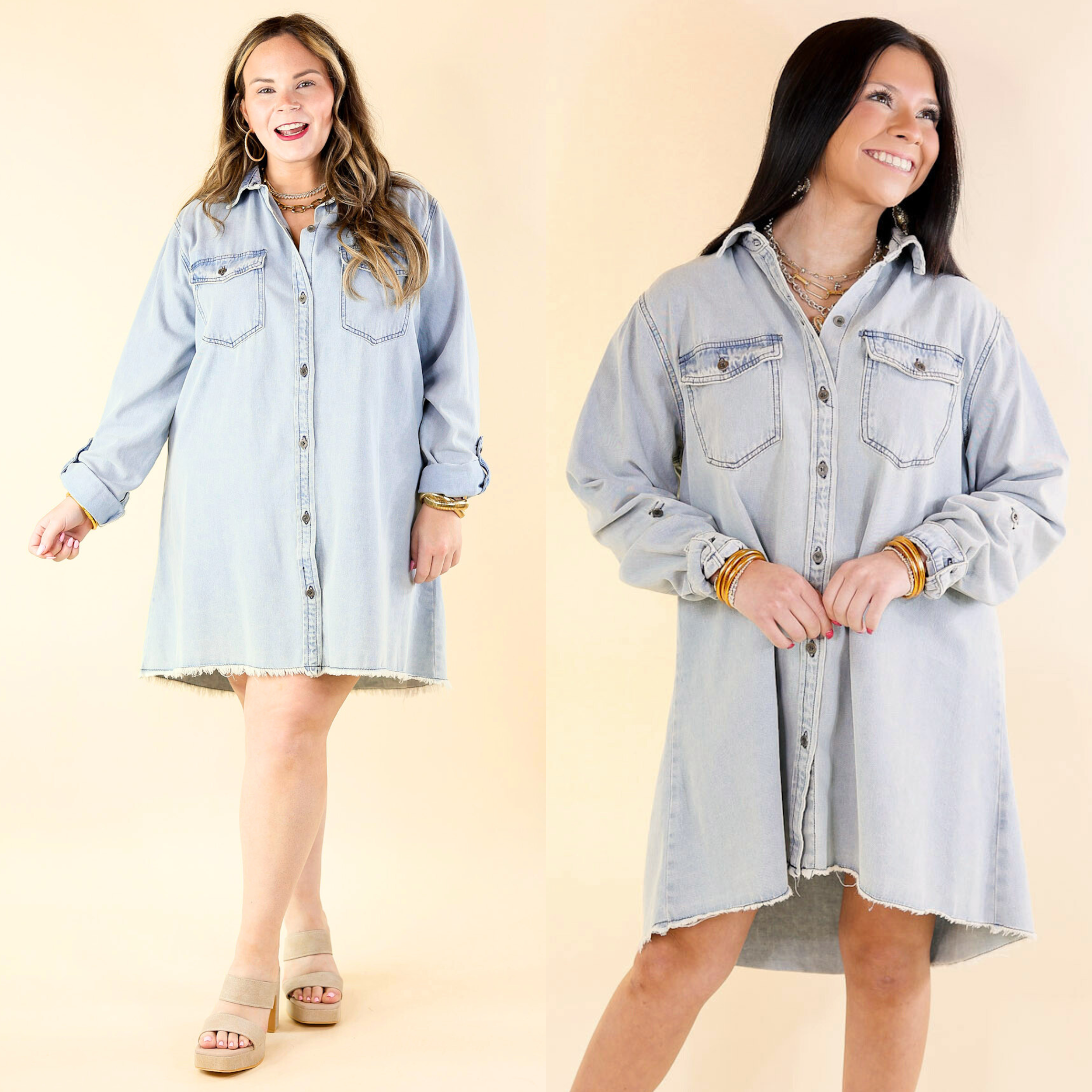 Patio Date Button Up Long Sleeve Denim Dress in Light Wash