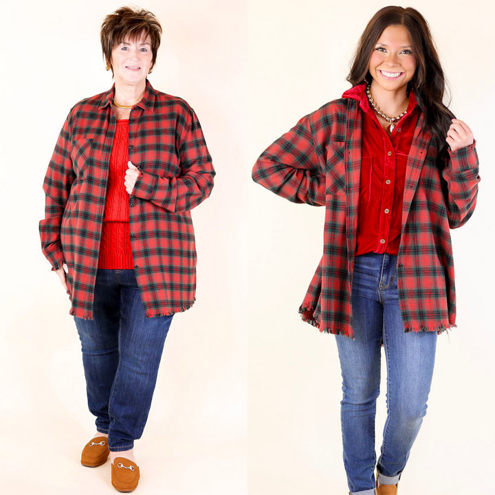 Coffee Run Button Up Plaid Flannel Top with Long Sleeves in Green and Red
