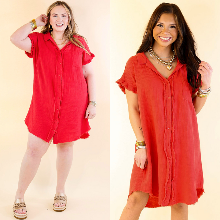 Spring Glow Button Up Raw Hem Dress in Red