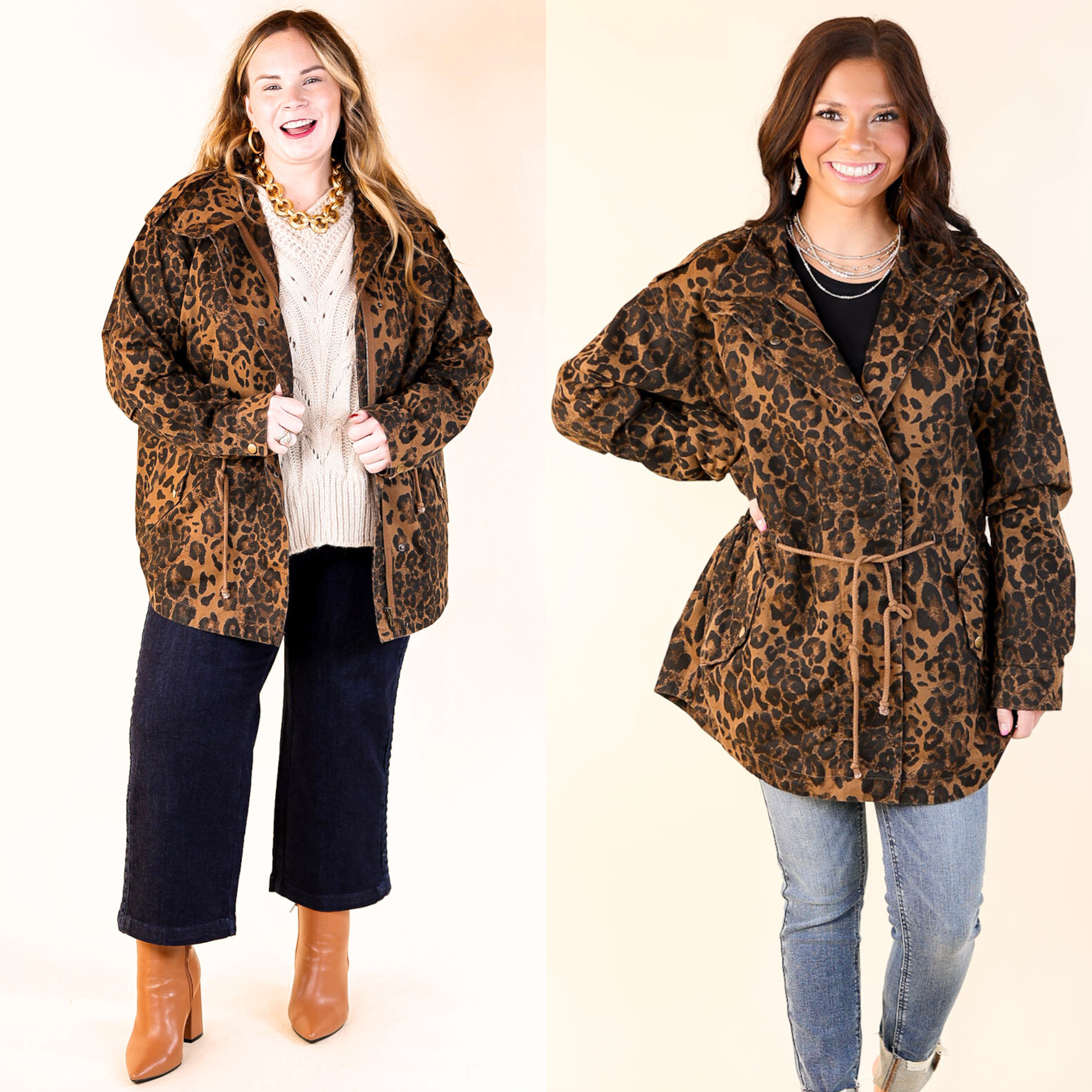 Colder Weather Button and Zip Up Utility Jacket in Leopard Print