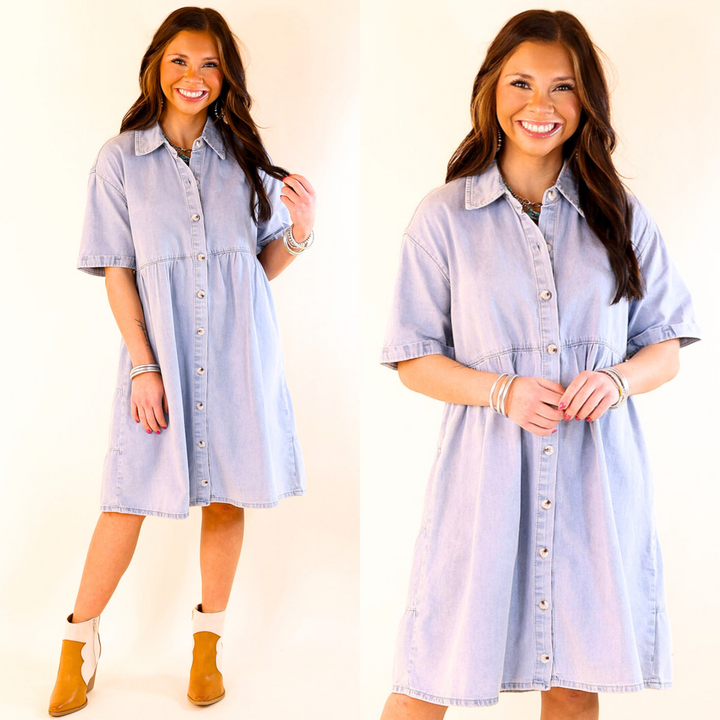 Nice to Meet You Button Up Collared Denim Dress in Light Wash