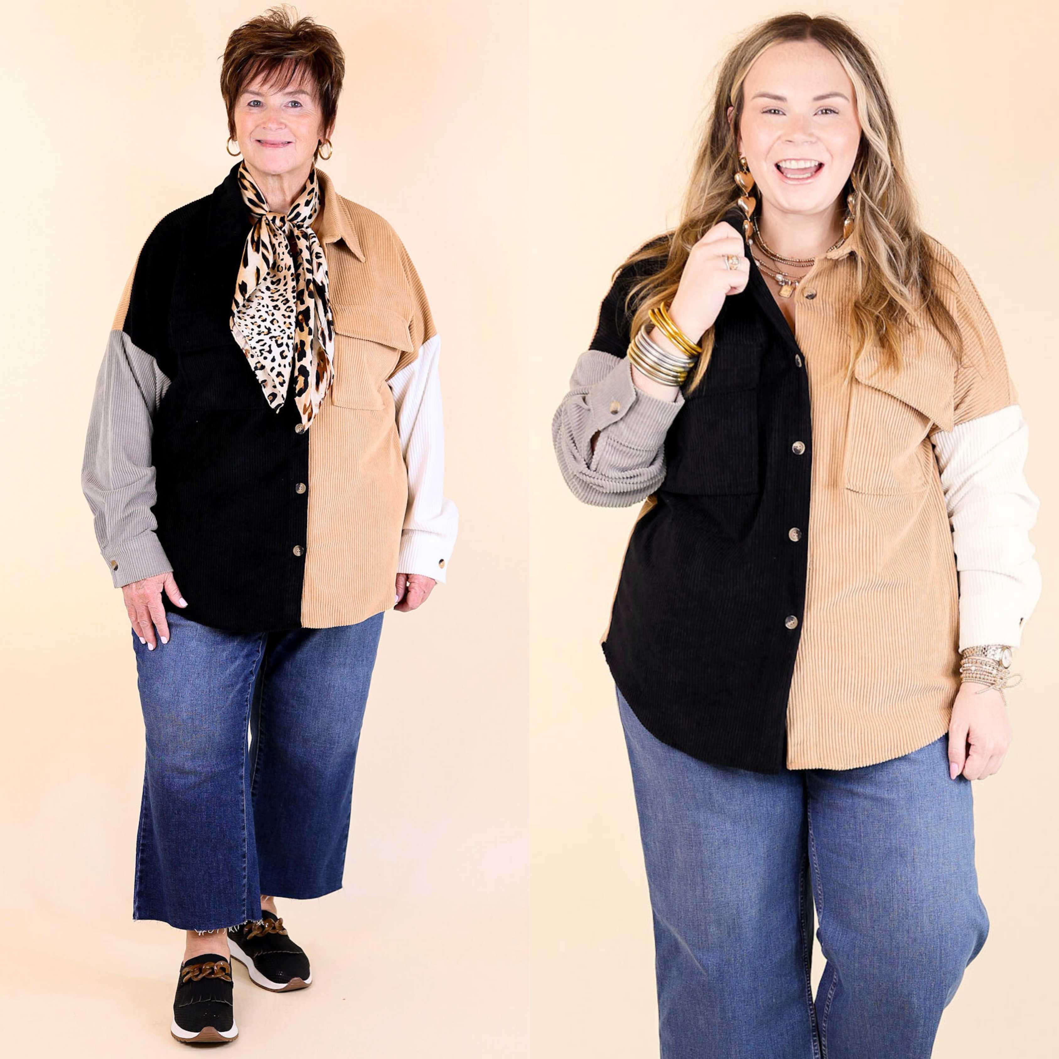 Cozy Perk Button Up Color Block Corduroy Shacket in Black and Tan