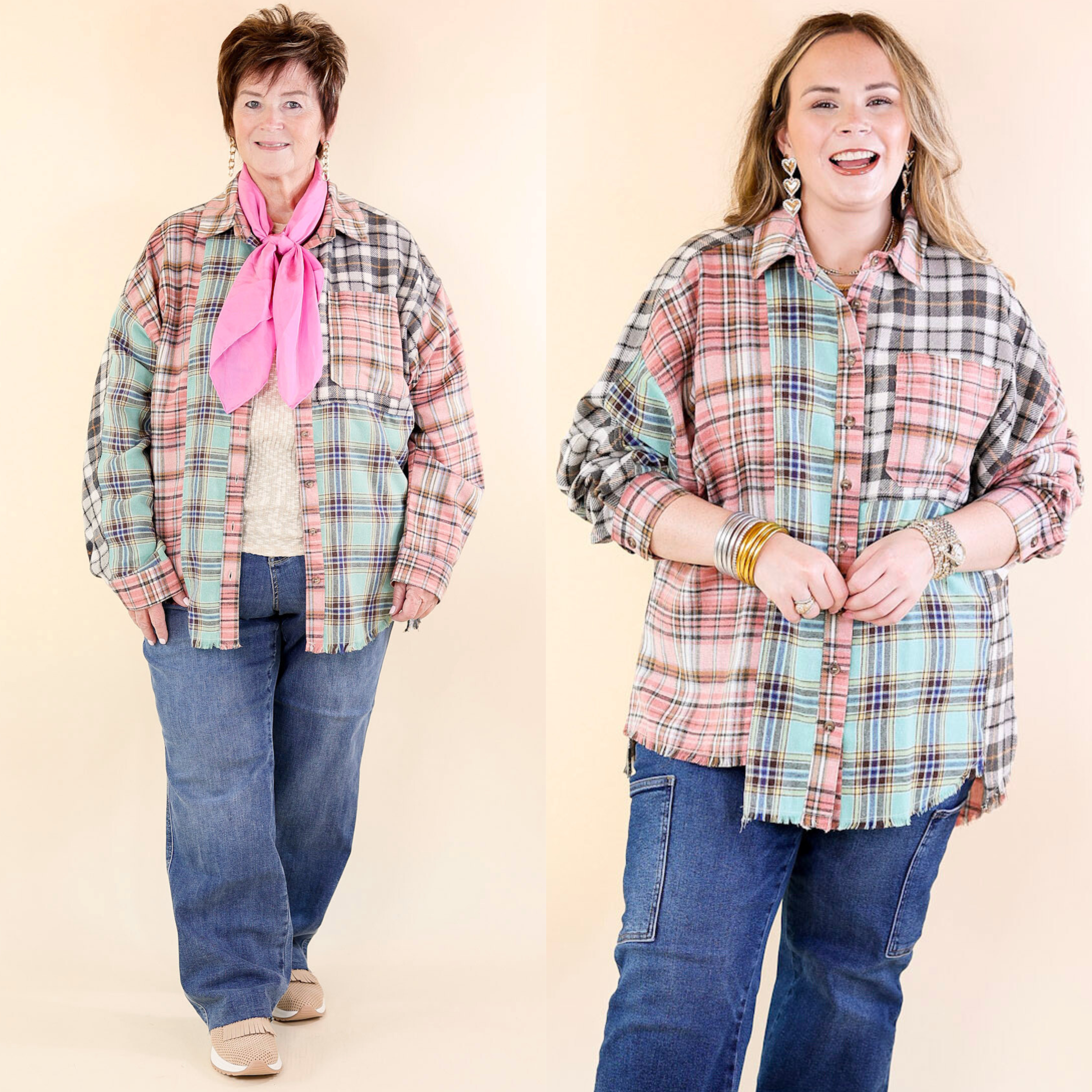 Casual Chats Color Block Plaid Flannel Top in Grey, Mint, and Pink