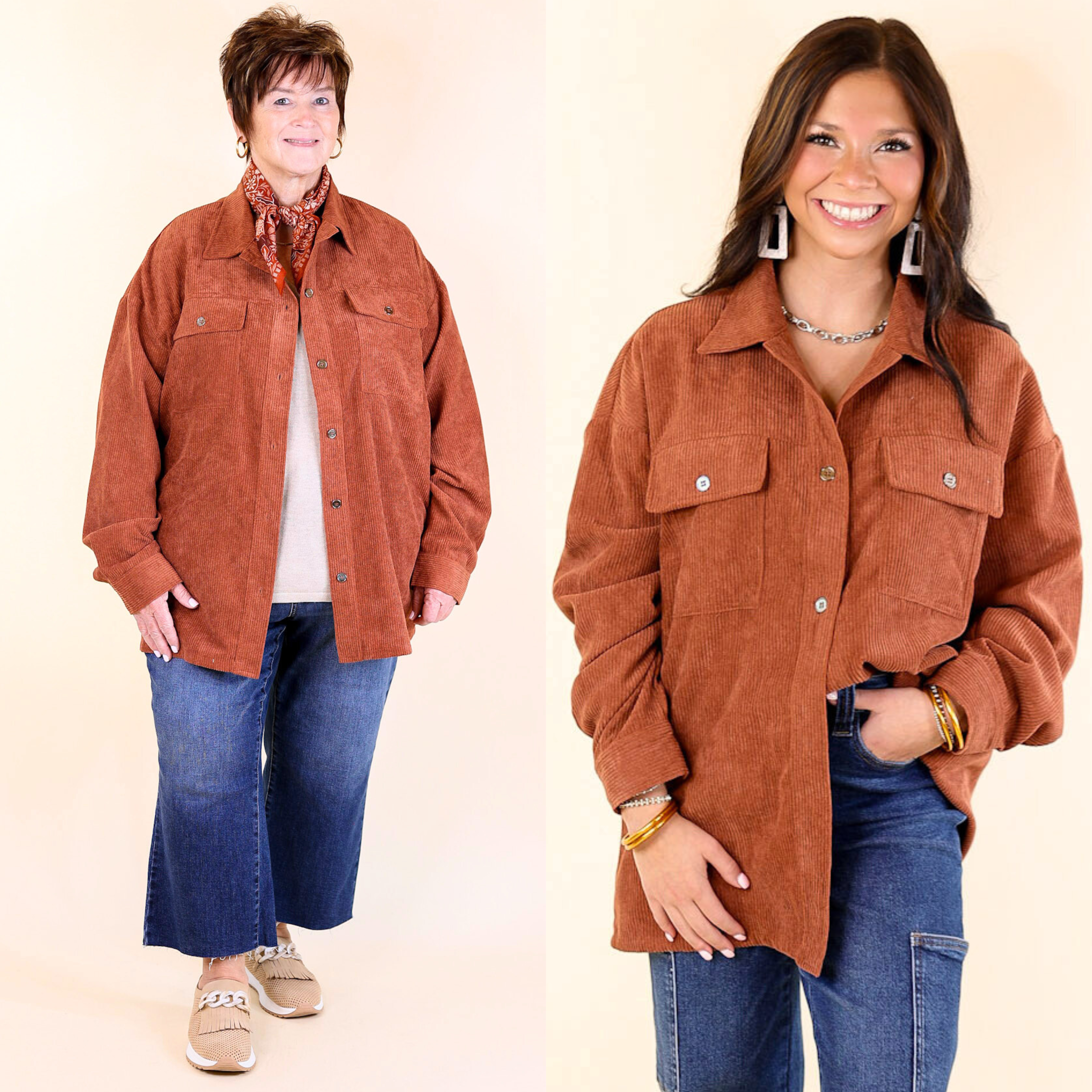 Latte Sips Button Up Corduroy Shacket in Rust