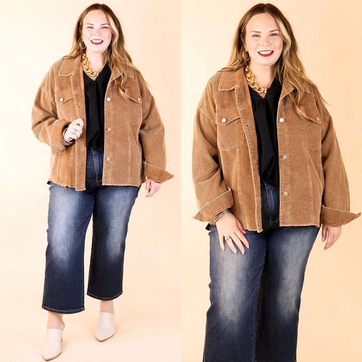 Edgy and Chic Button Up Corduroy Jacket with Raw Hem in Camel Brown
