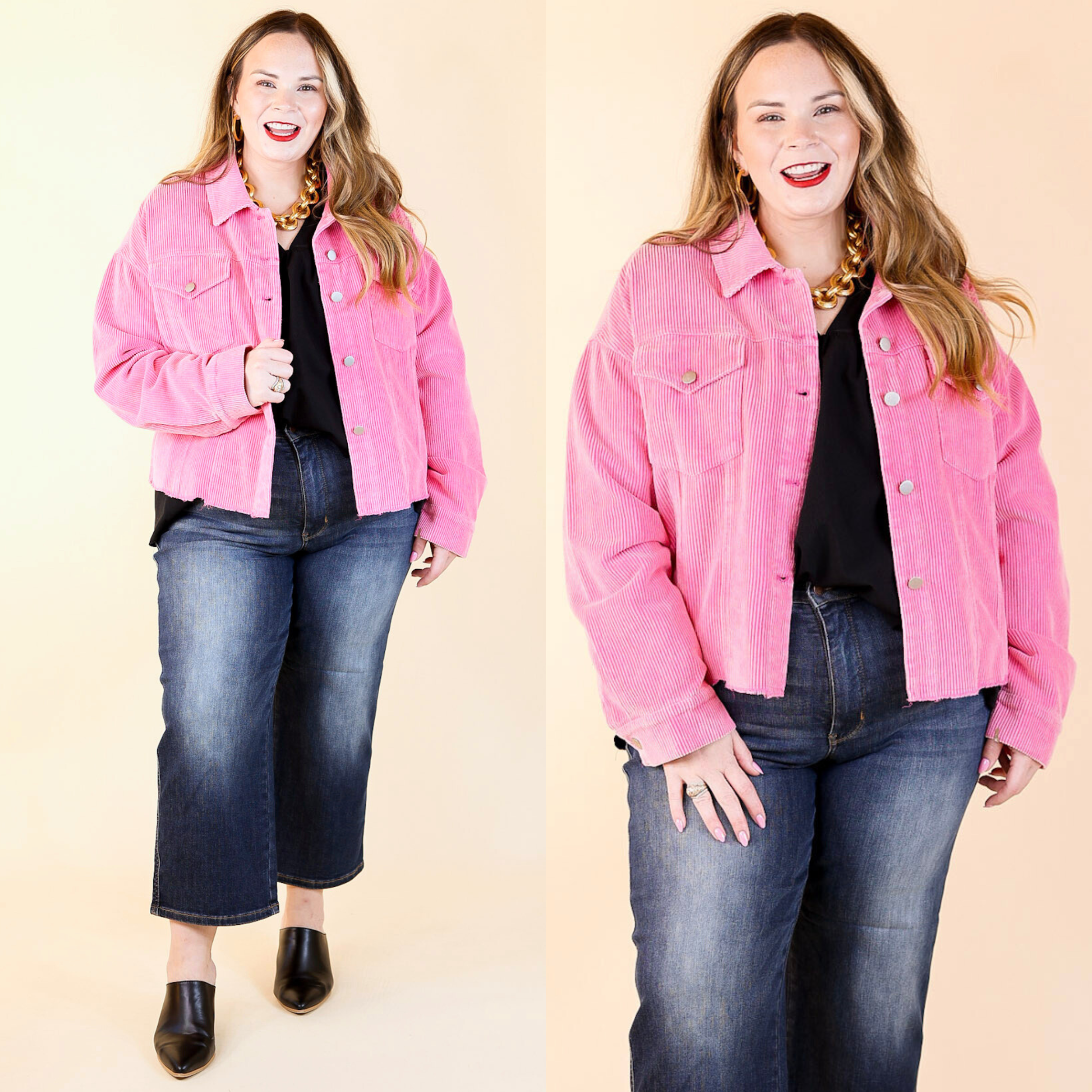 Edgy and Chic Button Up Corduroy Jacket with Raw Hem in Hot Pink