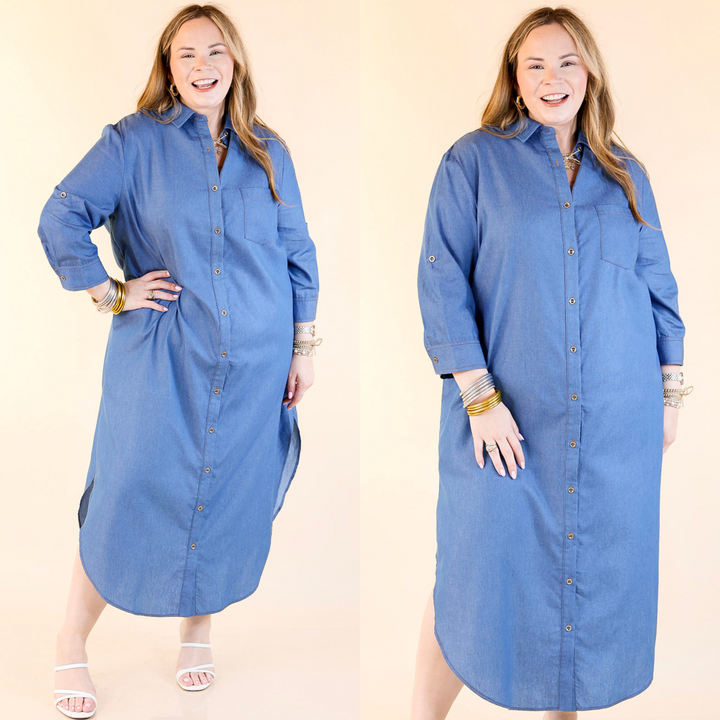 Designed with 3/4 sleeves, a structured collar, a full button-up front, side slits, and a single front pocket. Sizes small to large.