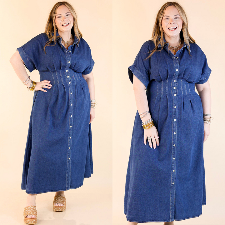 Simply Darling Button Up Denim Maxi Dress with a cinch waist. In sizes from small to large 