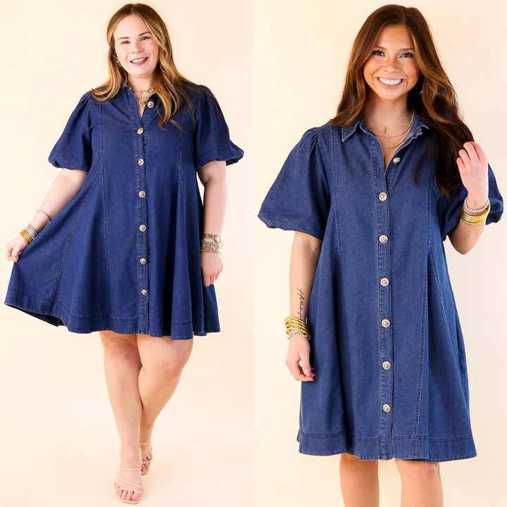 Denim Diva Button Up Denim Dress with Short Puff Sleeves