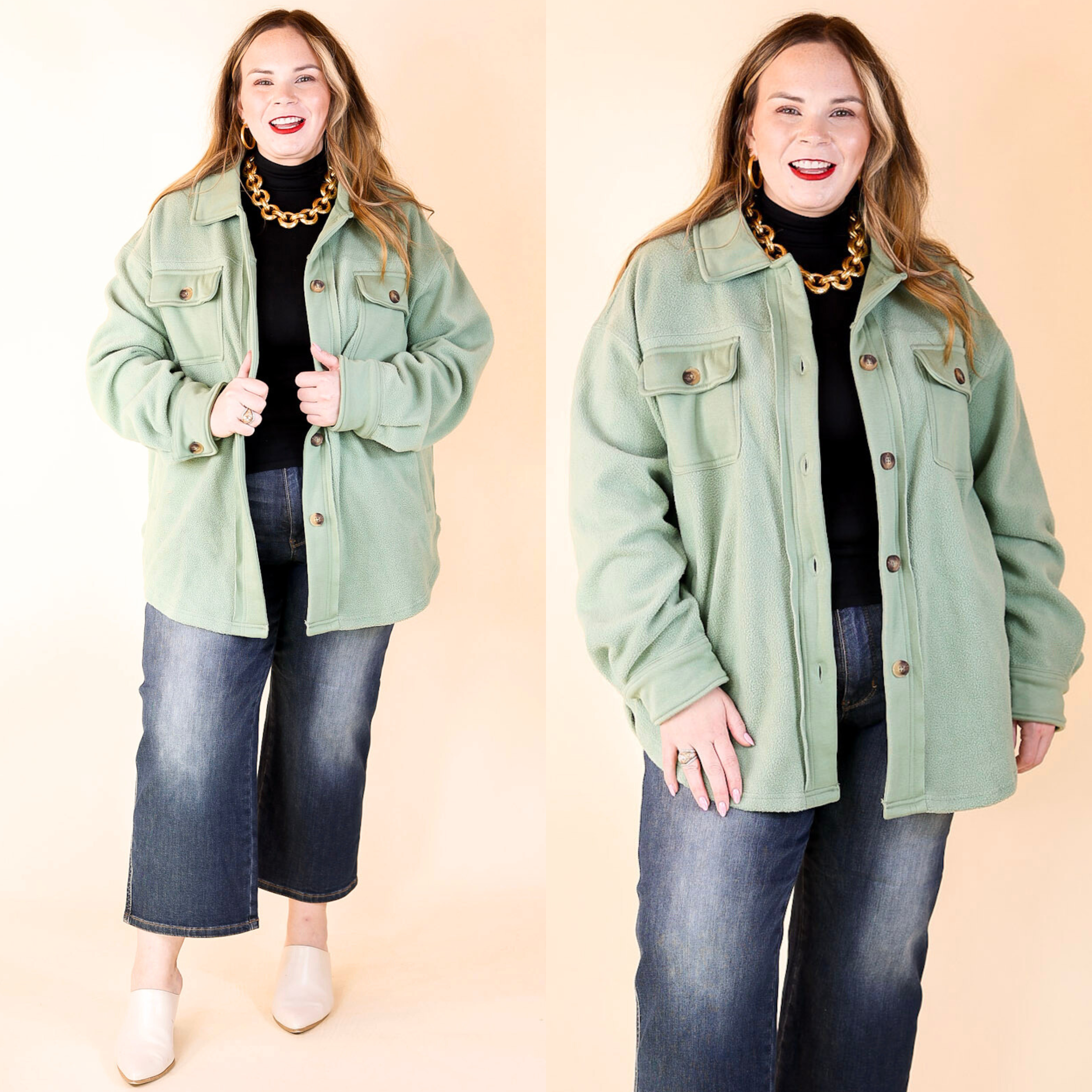 Hollywood Hike Button Up Fleece Jacket with Pockets in Mint