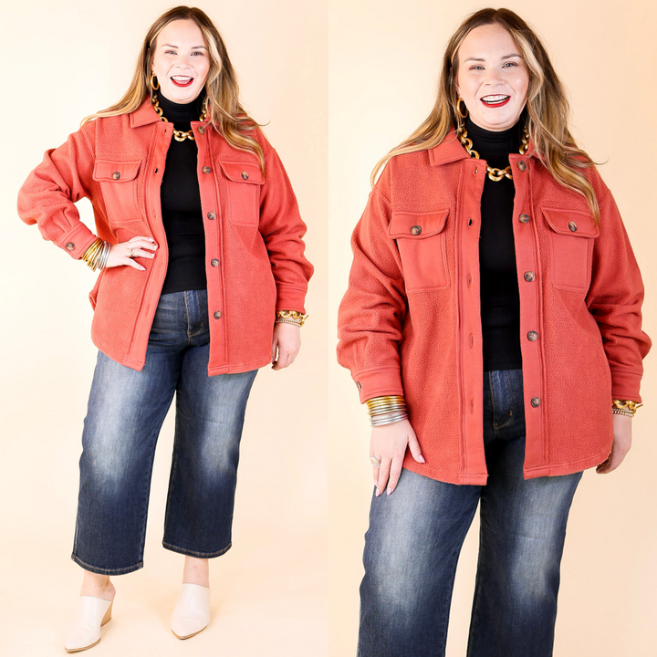 Last Chance Size Small, Medium, Large | Hollywood Hike Button Up Fleece Jacket with Pockets in Clay Red