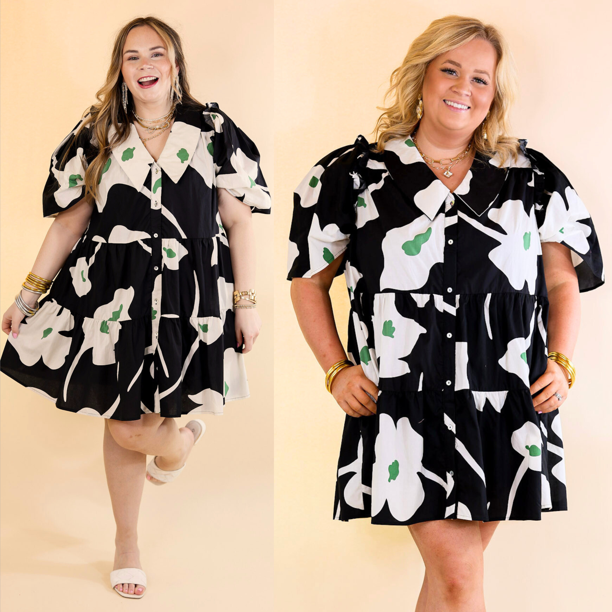 Dreamy Delight Floral Print Button Down Dress with Puff Sleeves in Black - Giddy Up Glamour Boutique