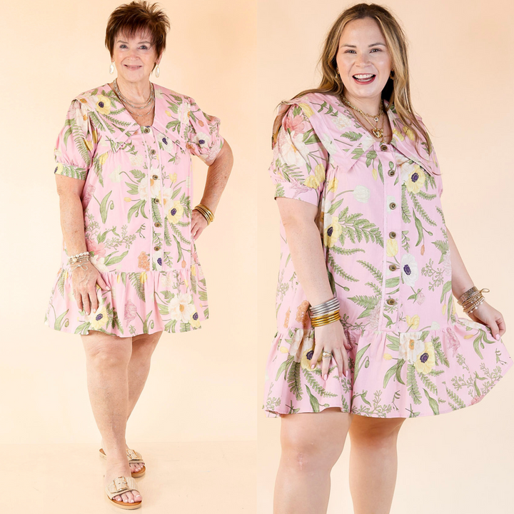 Call Me Charming Button Up Floral Print Dress with Peter Pan Collar in Light Pink