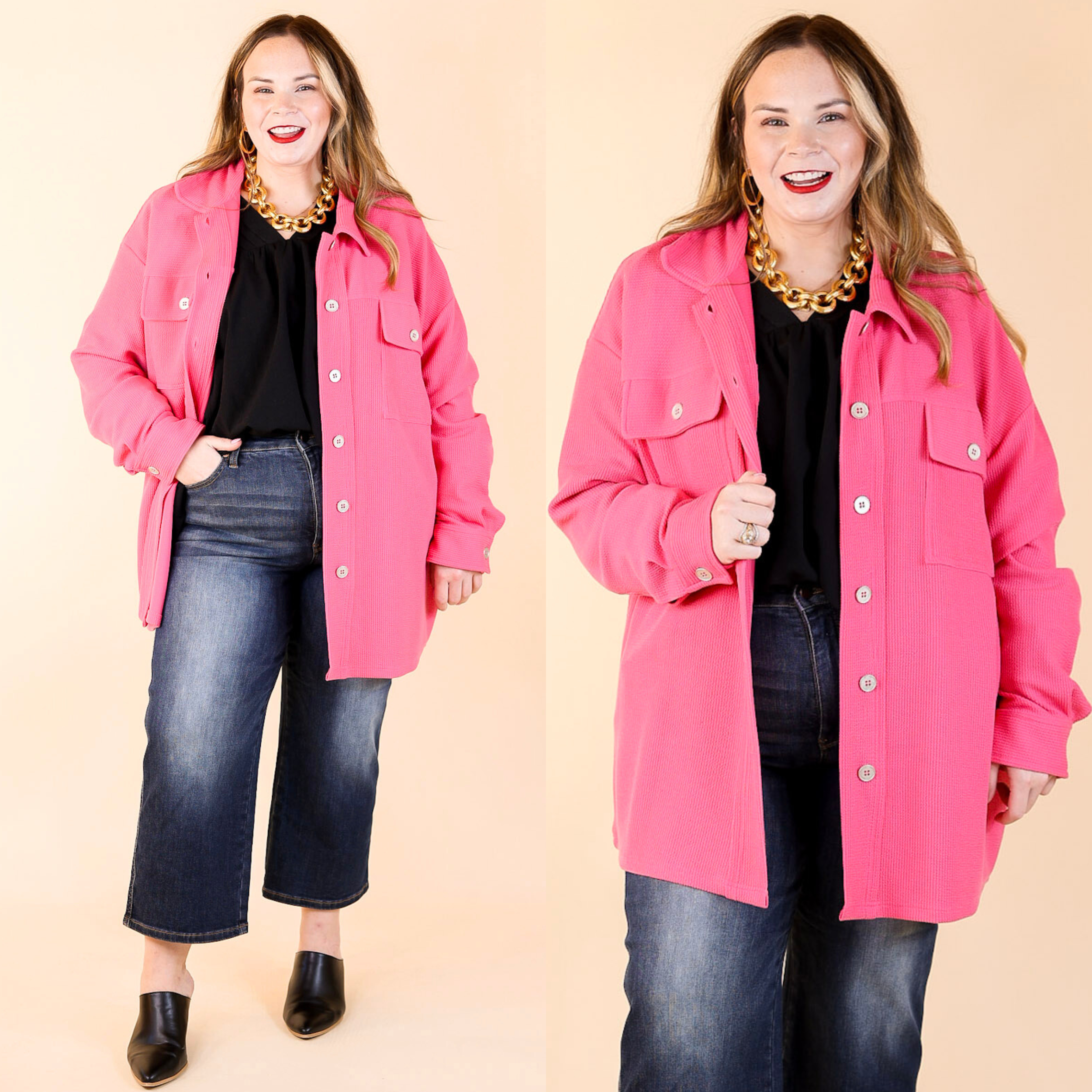 Say Less Button Up Knit Shacket in Fuchsia Pink