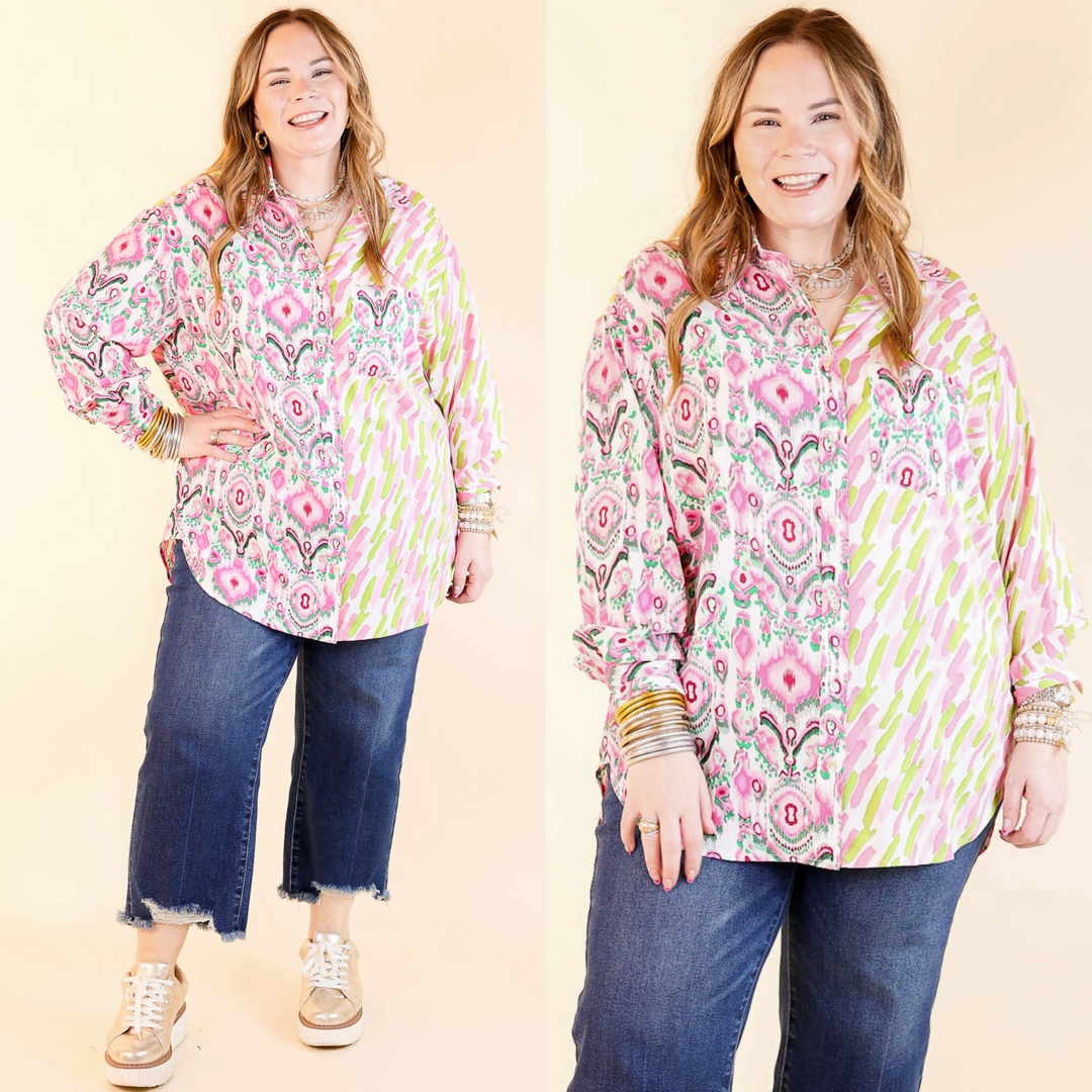 This adorable top includes a button-up front, gold buttons, a collared neckline, long sleeves, and an oversized fit. Available in sizes small through plus size.
