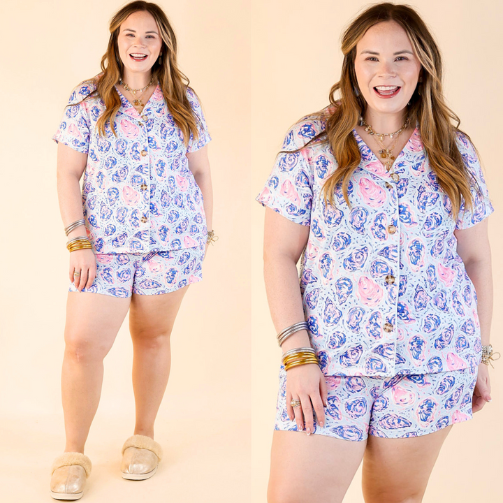 Simply Southern | Snooze in Style Oyster Shell Print Button Up Pajama Top in Light Blue