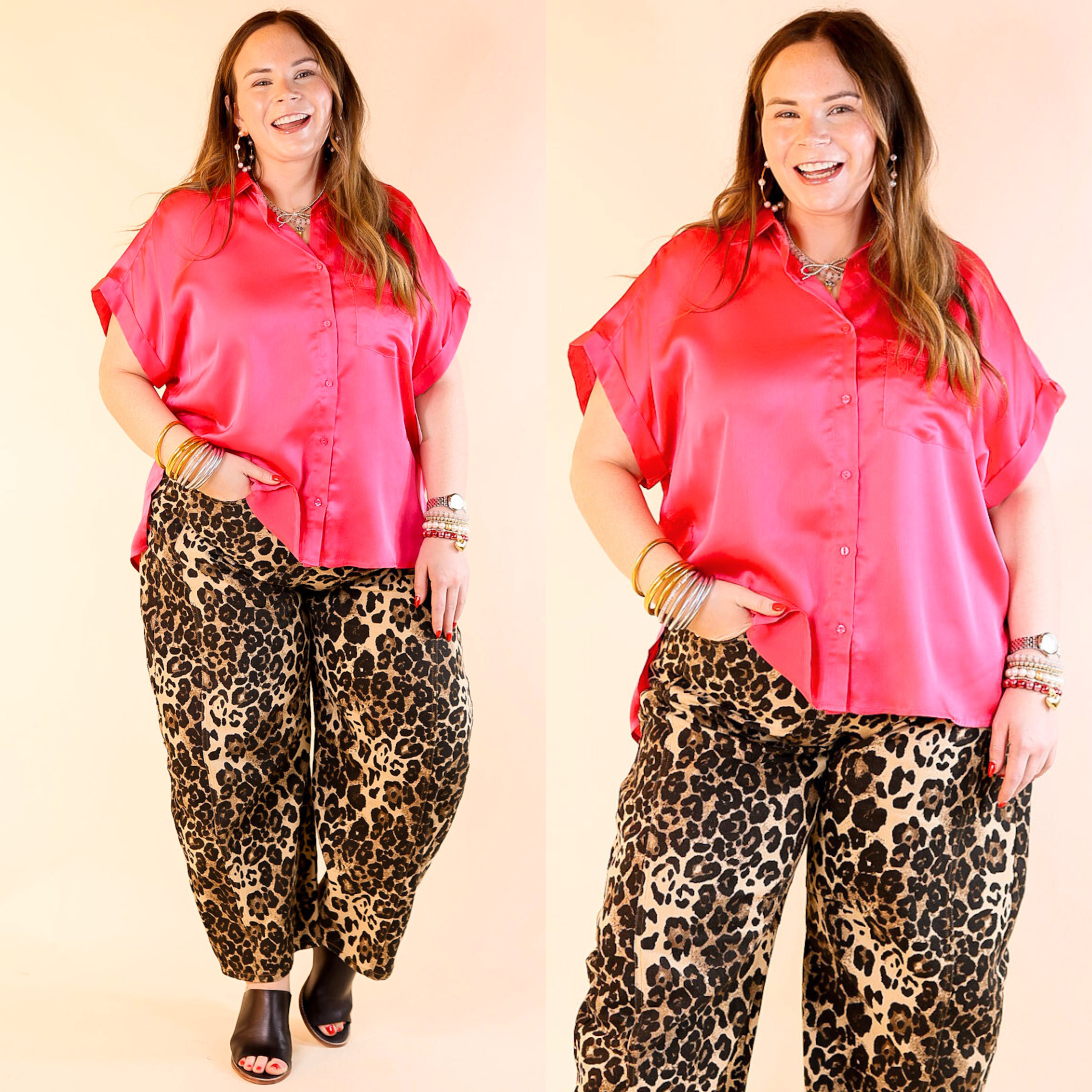 Free To Be Fab Button Up Short Sleeve Top in Hot Pink