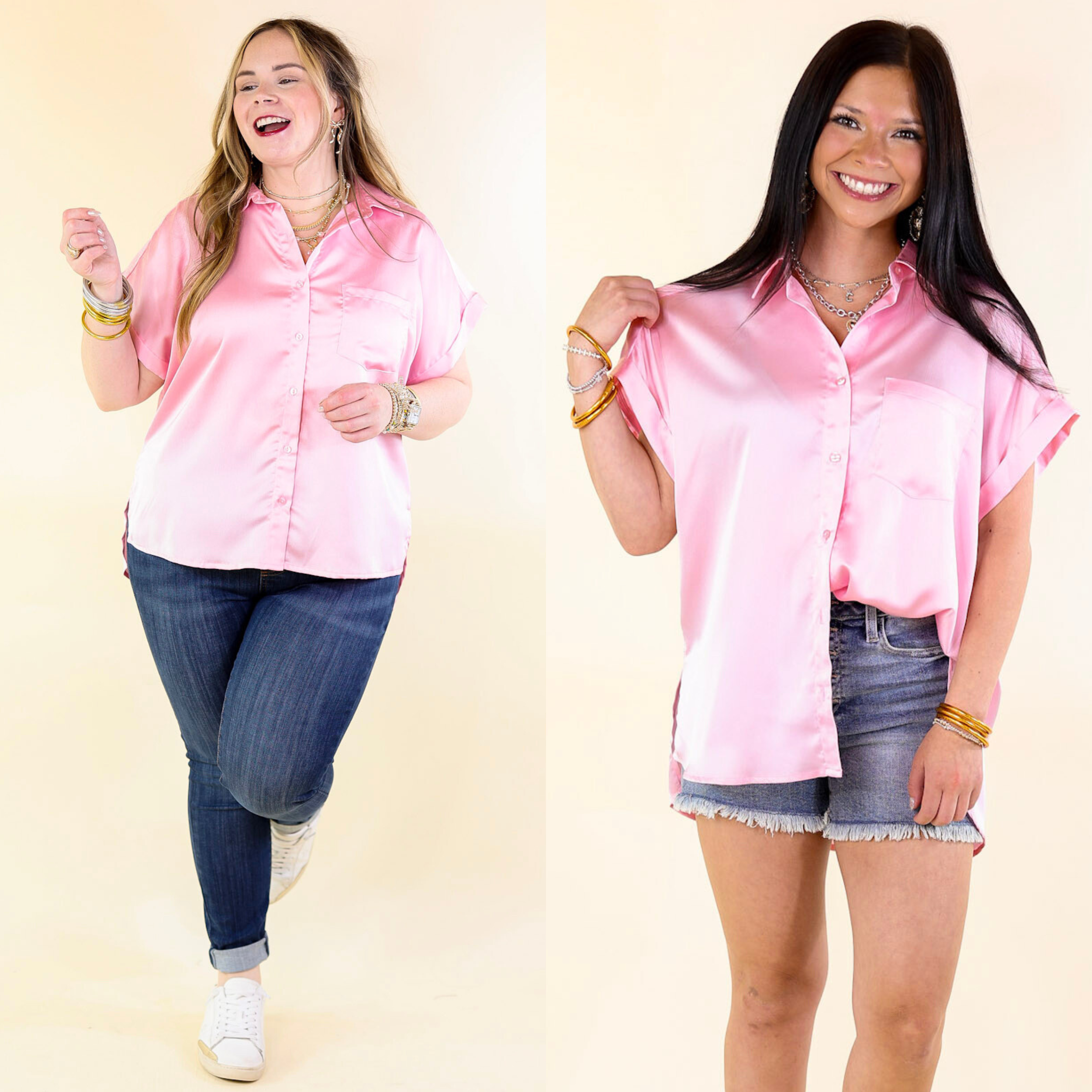 Free To Be Fab Button Up Short Sleeve Top in Light Pink