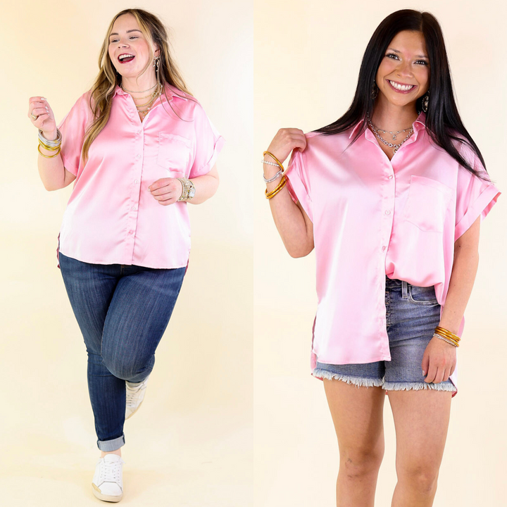 Last Chance Size XL | Free To Be Fab Button Up Short Sleeve Top in Light Pink