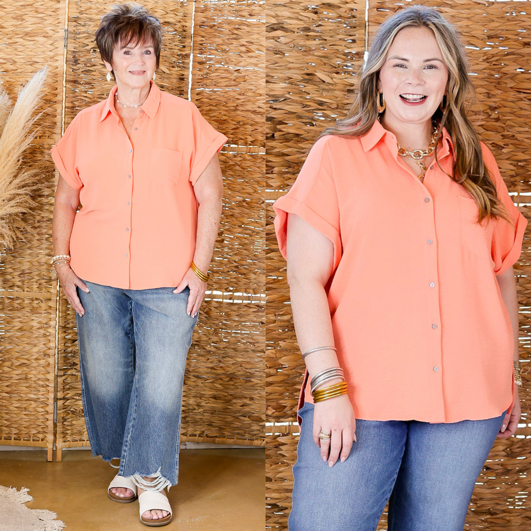 Timeless Appeal Collared Button Up Top in Coral Orange – Giddy Up