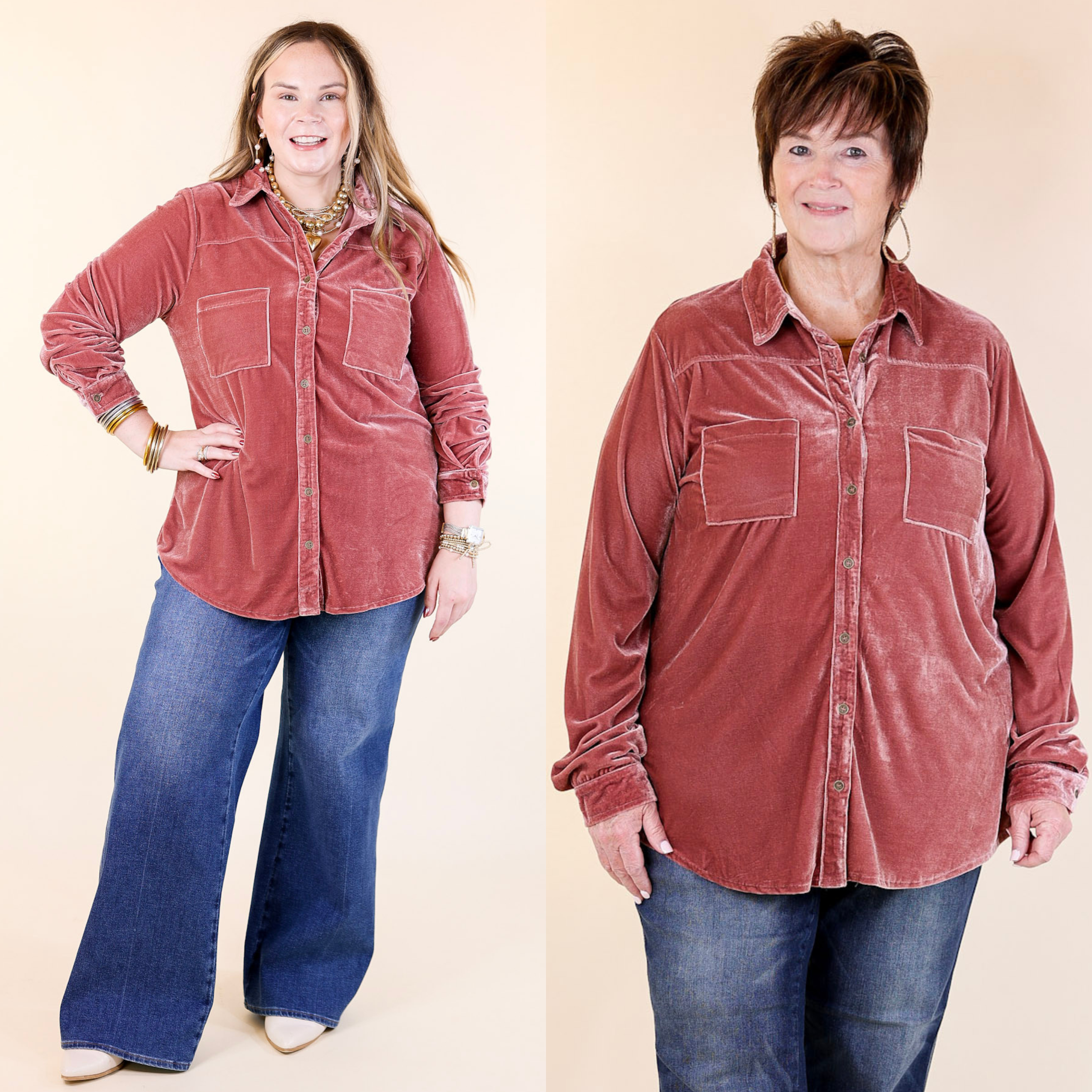 Candy Apple Evening Button Up Velvet Long Sleeve Blouse in Rose Quartz Pink