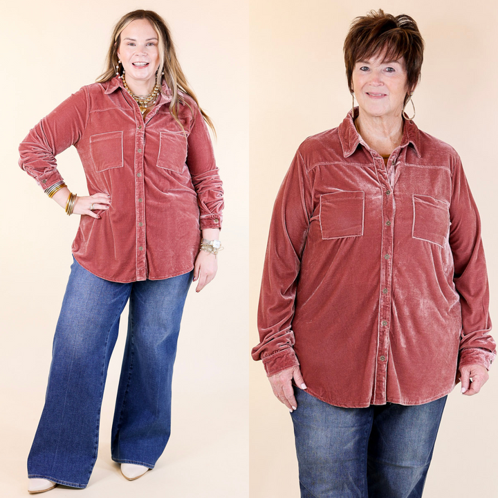 Candy Apple Evening Button Up Velvet Long Sleeve Blouse in Rose Quartz Pink