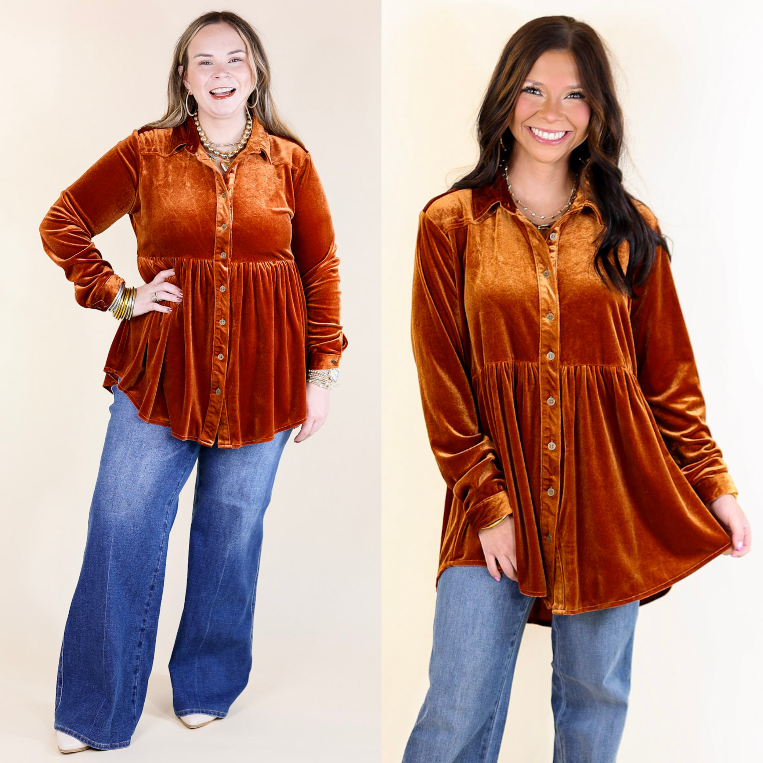 Call Me Yours Button Up Velvet Long Sleeve Babydoll Tunic Top in Burnt Orange