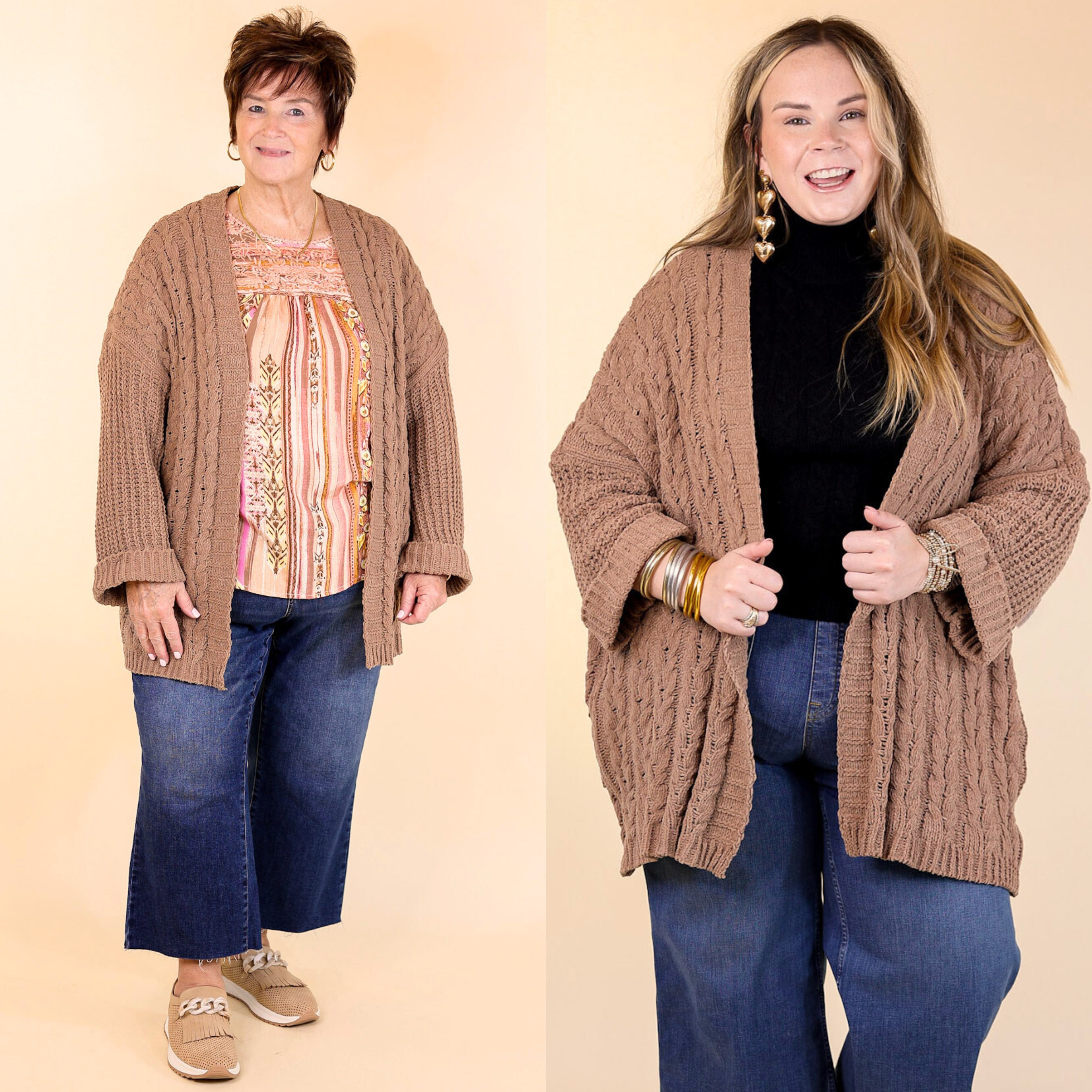 On My Level Chenille Cable Knit Open Front Cardigan in Cappuccino Brown