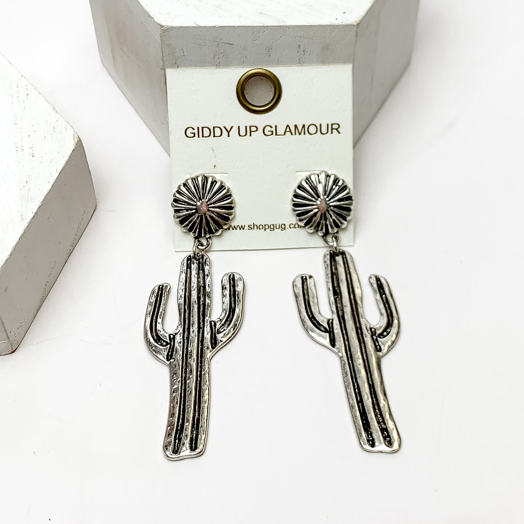 Country cactus silver earrings. These earrings are pictured on a white background with plants behind for decoration.
