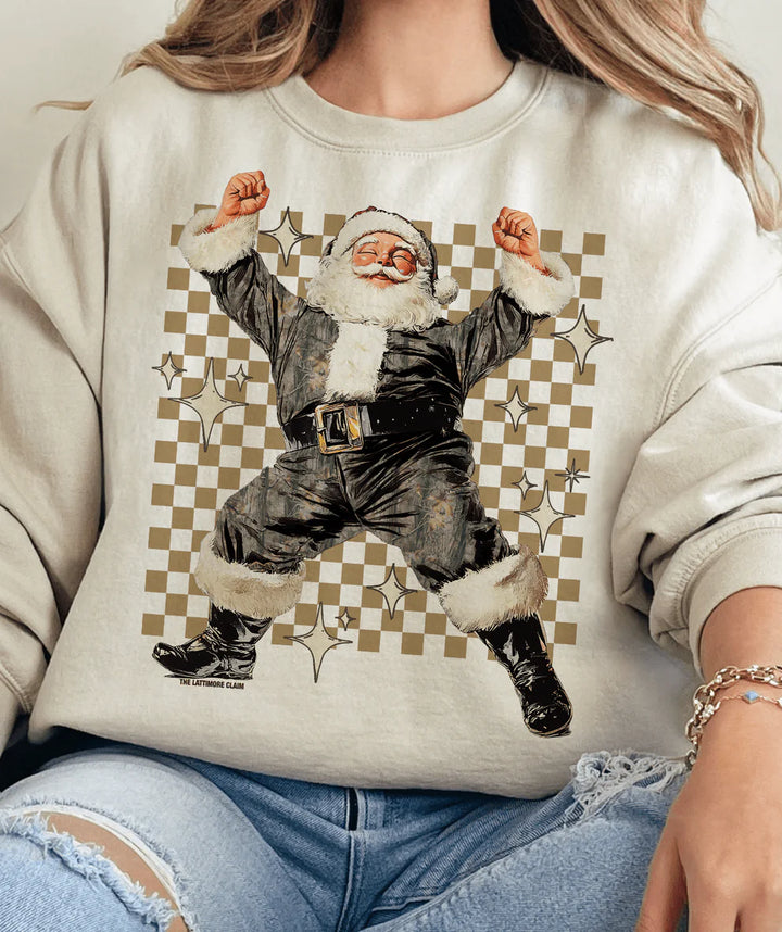 Online Exclusive | Camo Santa with Checkered Background Graphic on Tee & Sweatshirt Option  - Cream