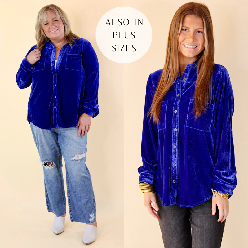 Models are wearing sapphire blue velvet long sleeve button up. Size plus model has it paired with light washed jeans, white Dingo Mule booties, and silver jewelry. Size small model has it paired with black Judy Blue jeans and gold jewelry. 