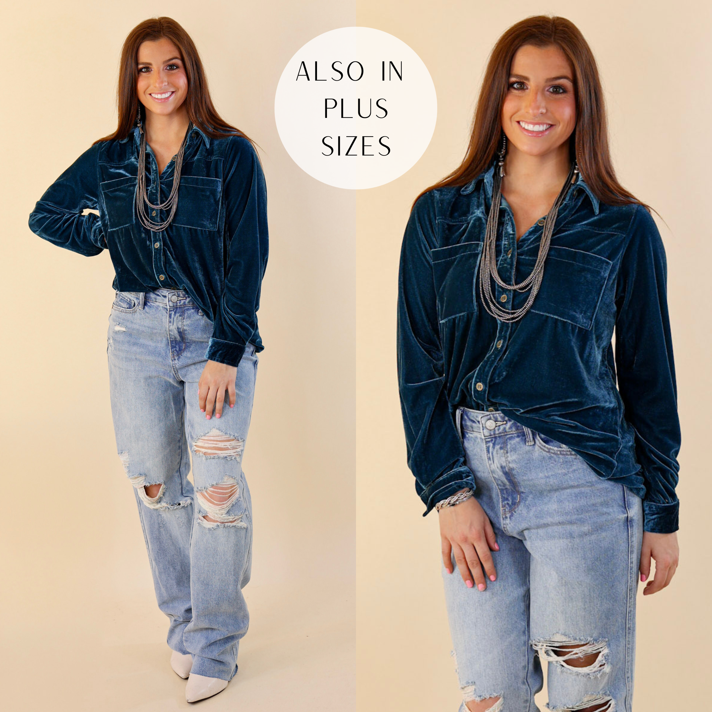 Model is wearing teal blue velvet top and paired it with light washed jeans and silver jewelry.