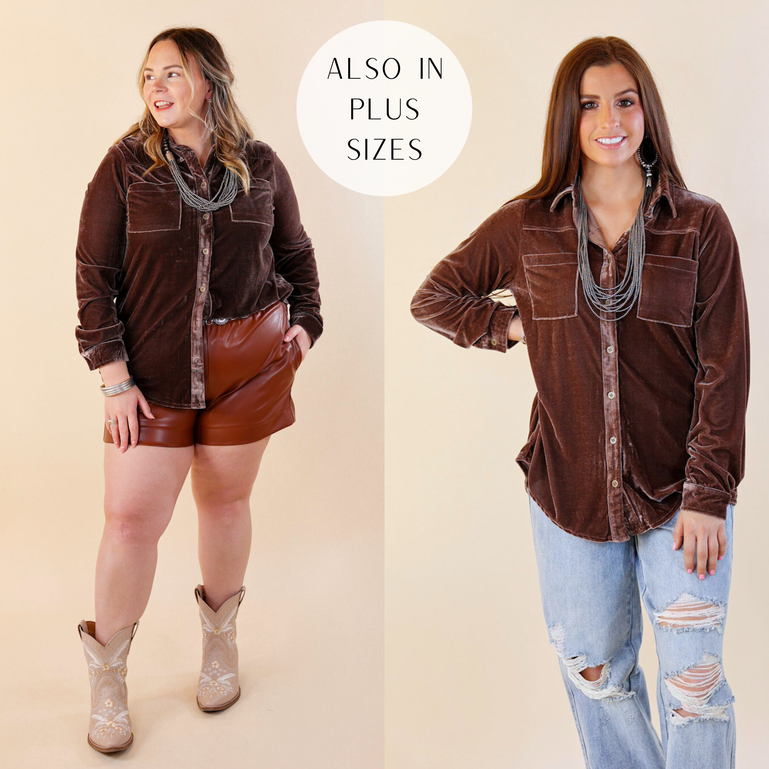 Model are wearing a velvet long sleeve blouse. Size large model has it paired with leather shorts and tan boots. Small model has it paired with light wash jeans and silver jewelry.