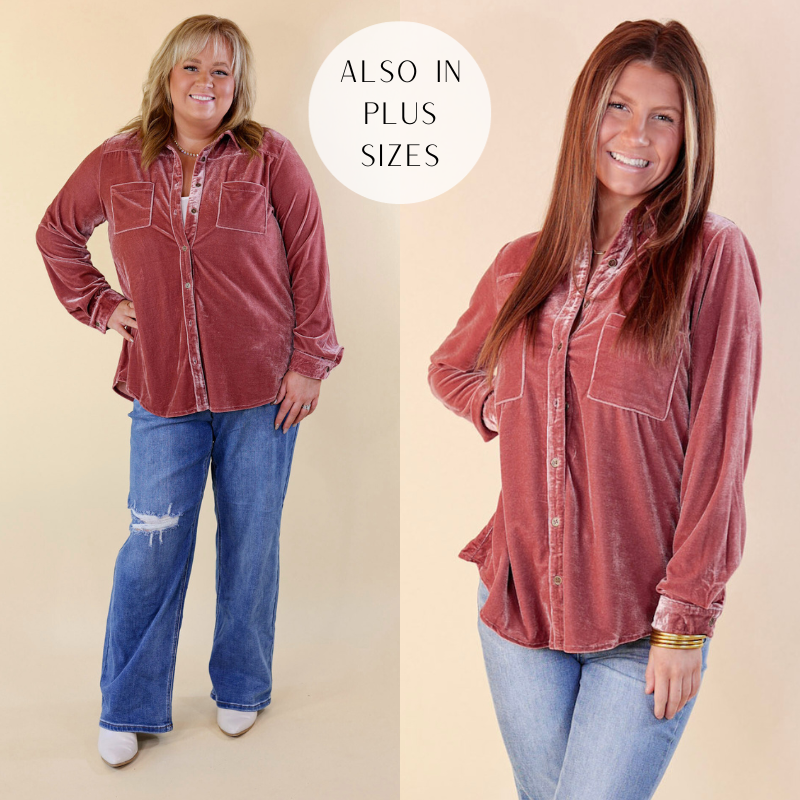 Models are wearing a rose quarts velvet long sleeve button up. Size plus has it paired with medium washed jeans, white boots, and silver jewelry. Size small model has it paired with light washed jeans with gold jewelry. 