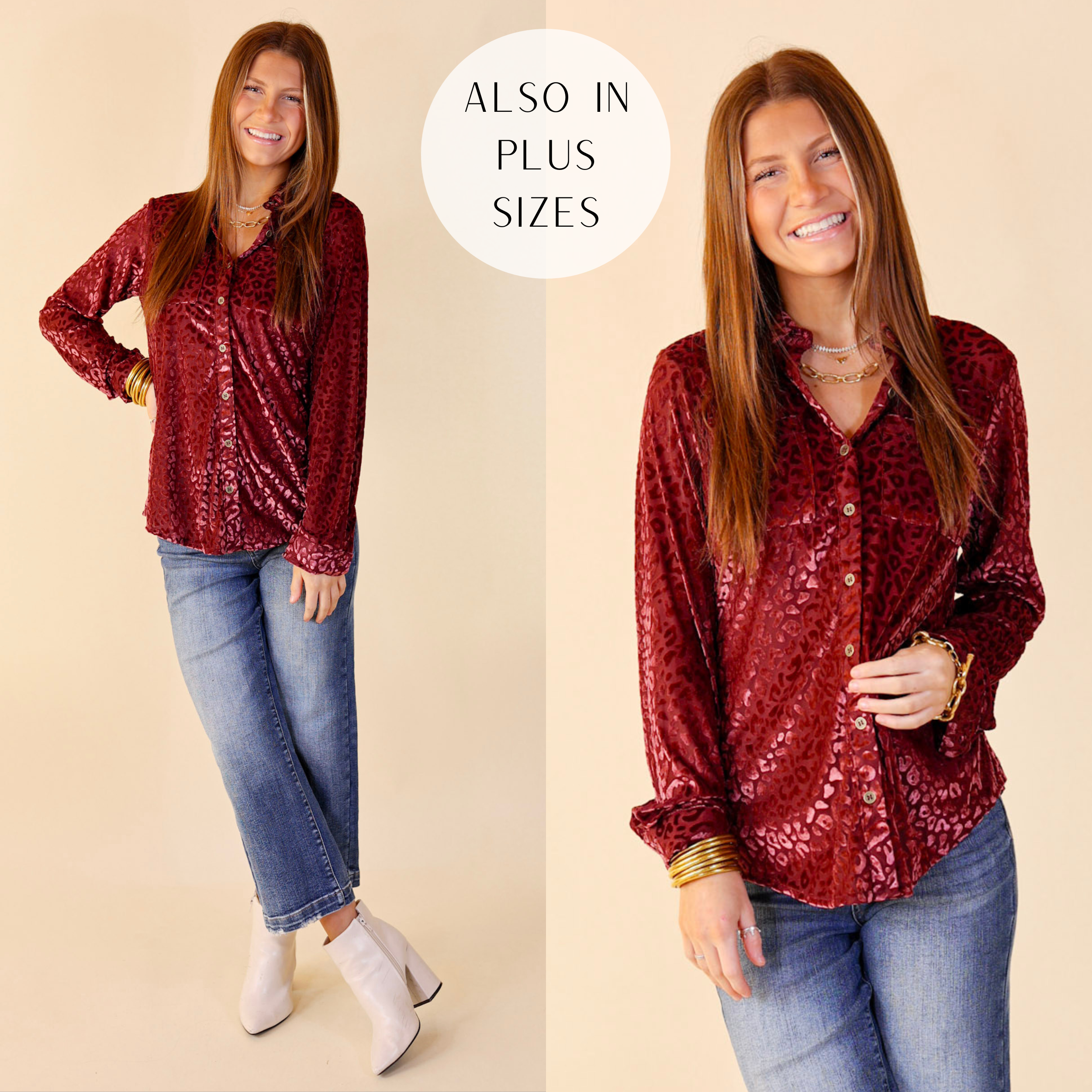 Model is wearing velvet animal print top with light washed jeans, gold jewelry, and white booties. 