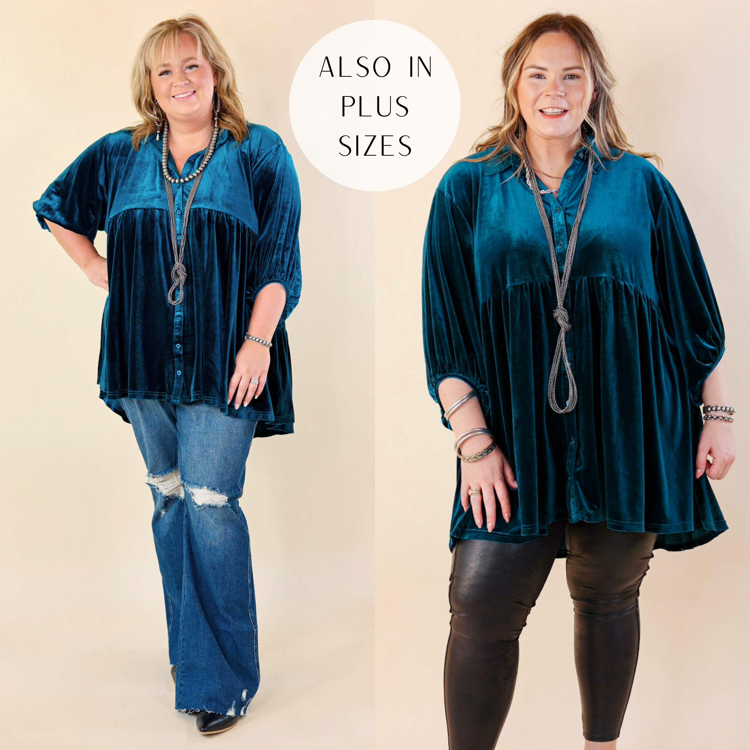 Models are wearing teal blue velvet blouse. Plus Size Model has the top paired with bootcut jeans and silver jewelry. Size large model has it paired with leather leggings and silver jewelry.