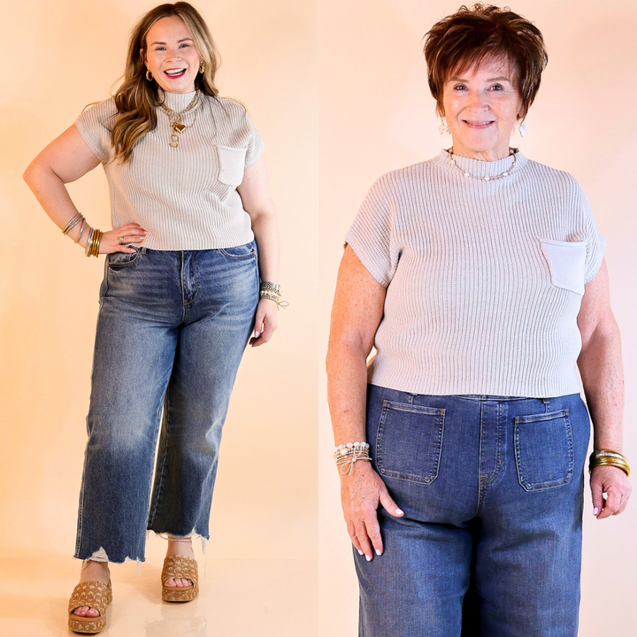 Designed with a chic mock neck, short sleeves, and a stylish front pocket, this versatile sweater top is perfect for effortless everyday wear.