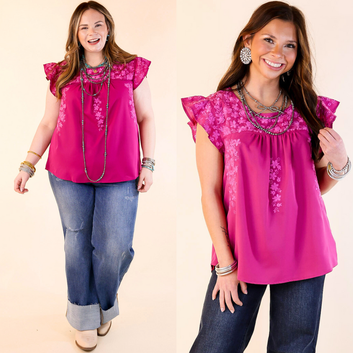 Picture Perfect Ruffle Cap Sleeve Top with Floral Embroidery in Magenta
