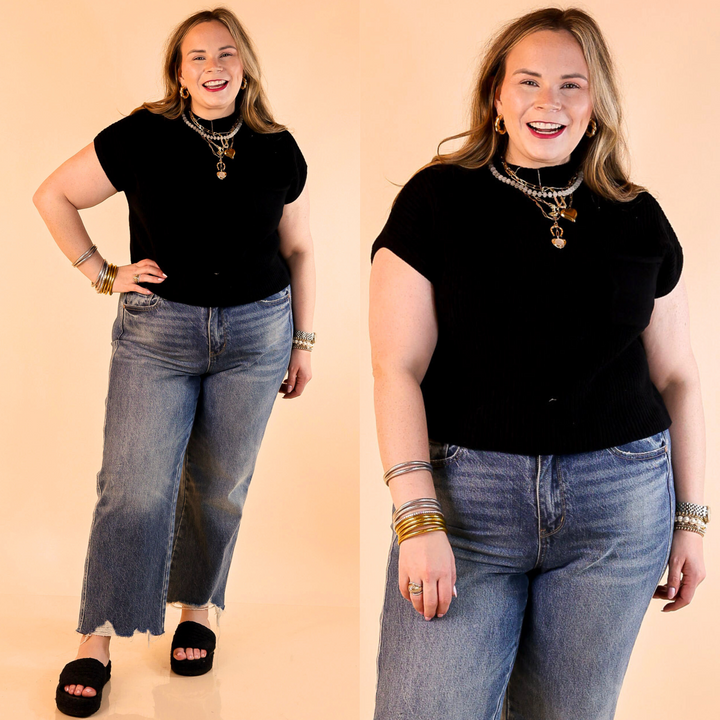 Designed with a chic mock neck, short sleeves, and a stylish front pocket, this versatile sweater top is perfect for effortless everyday wear.