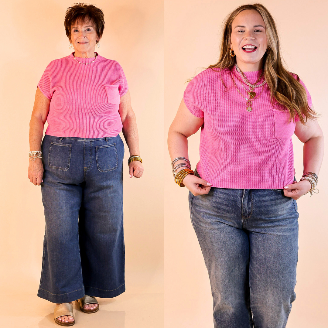 Designed with a chic mock neck, short sleeves, and a stylish front pocket, this versatile sweater top is perfect for effortless everyday wear.