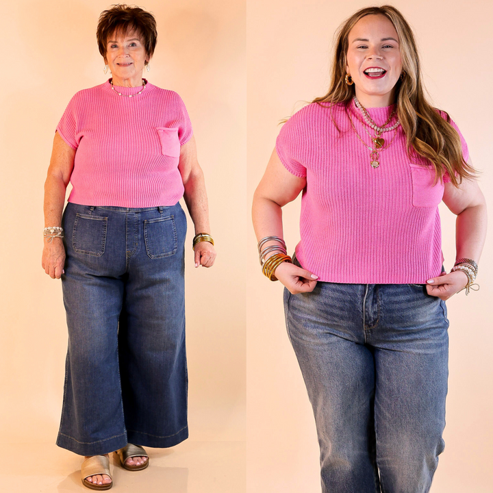 Designed with a chic mock neck, short sleeves, and a stylish front pocket, this versatile sweater top is perfect for effortless everyday wear.