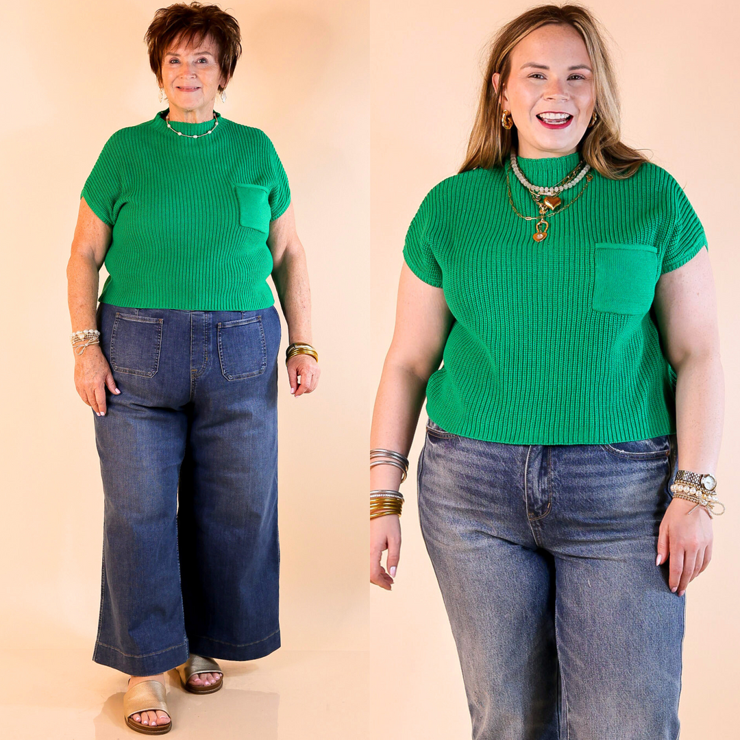 Designed with a chic mock neck, short sleeves, and a stylish front pocket, this versatile sweater top is perfect for effortless everyday wear.