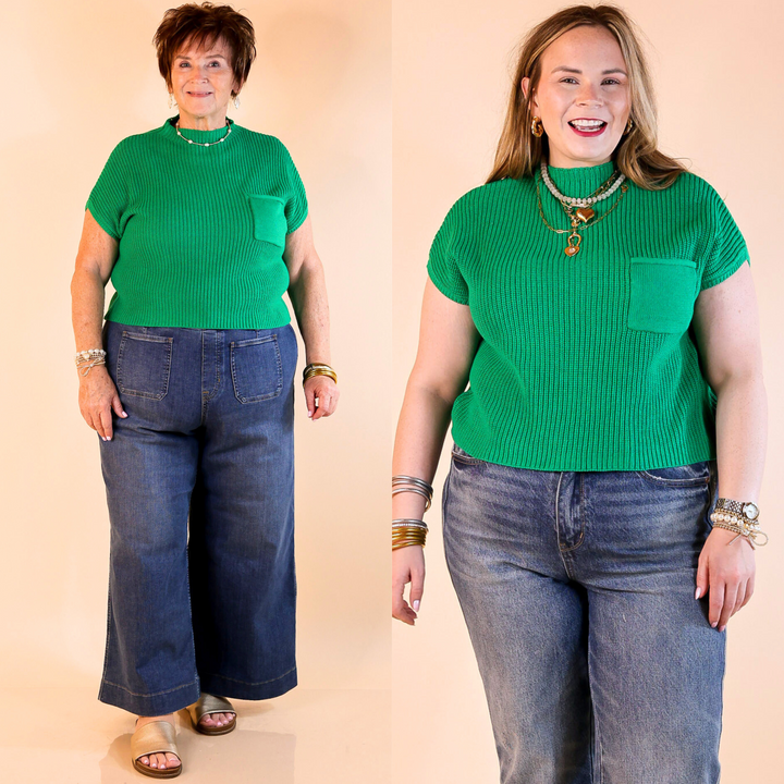 Designed with a chic mock neck, short sleeves, and a stylish front pocket, this versatile sweater top is perfect for effortless everyday wear.