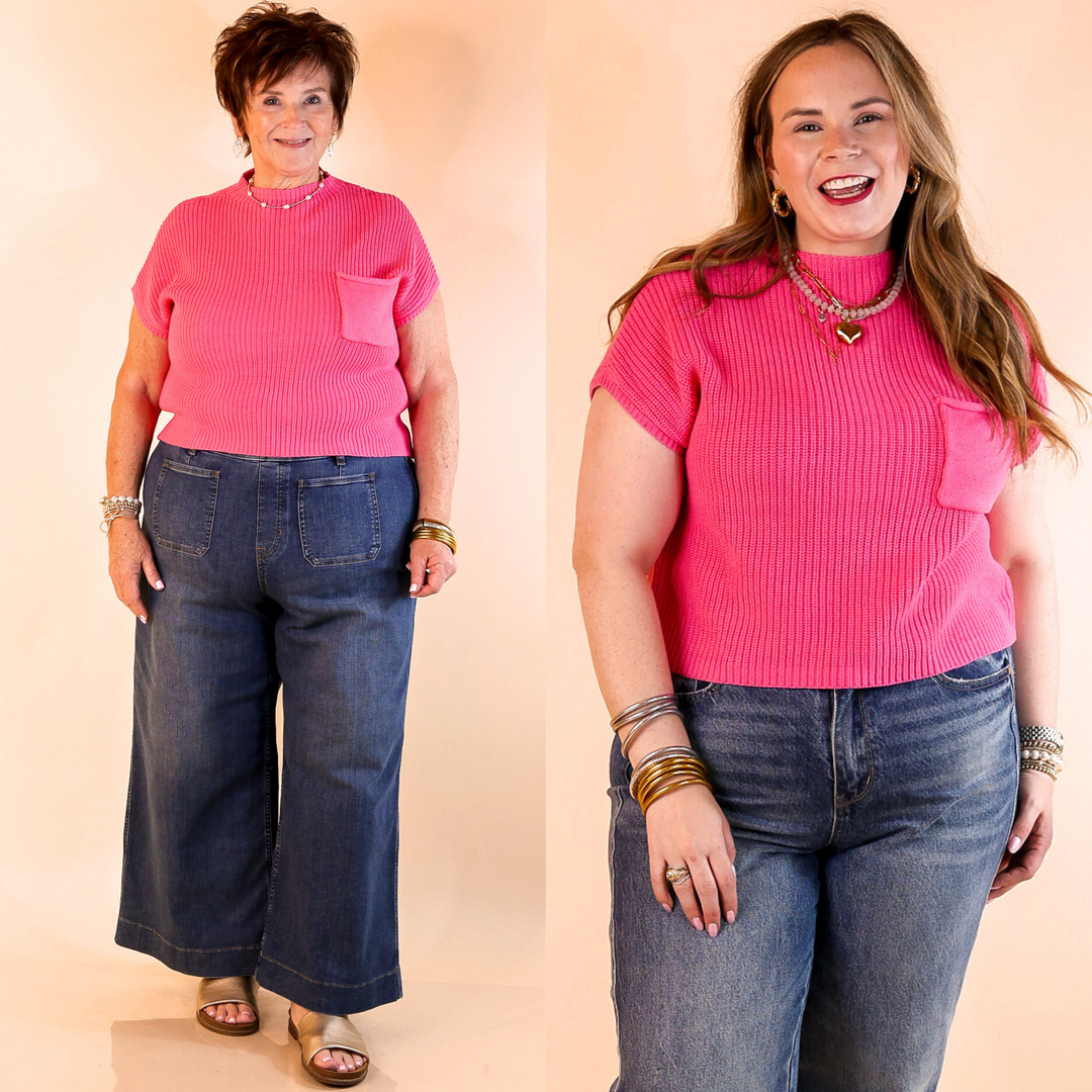 Designed with a chic mock neck, short sleeves, and a stylish front pocket, this versatile sweater top is perfect for effortless everyday wear.